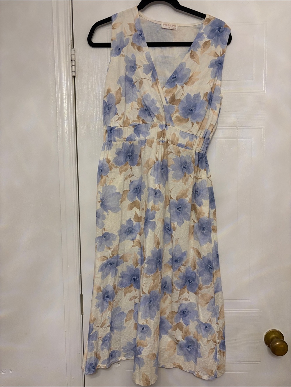 Cream Maxi Dress with Blue Floral Print and V-Neck
